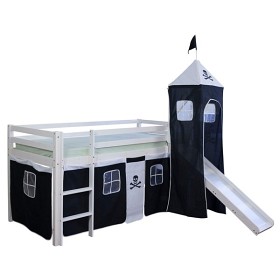 Bild på Loftbed Childrenbed Slide Tower Solid Pine Curtain Black Pirate 90x200