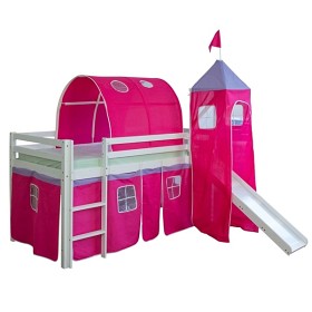 Bild på Loftbed Childrenbed Ladder Slide Tunnel Tower Solid Pine Curtain Red 90x200